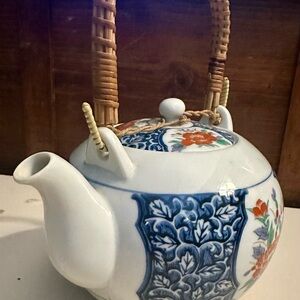 Otagiri Blue and White Ceramic Teapot with Wicker Handle